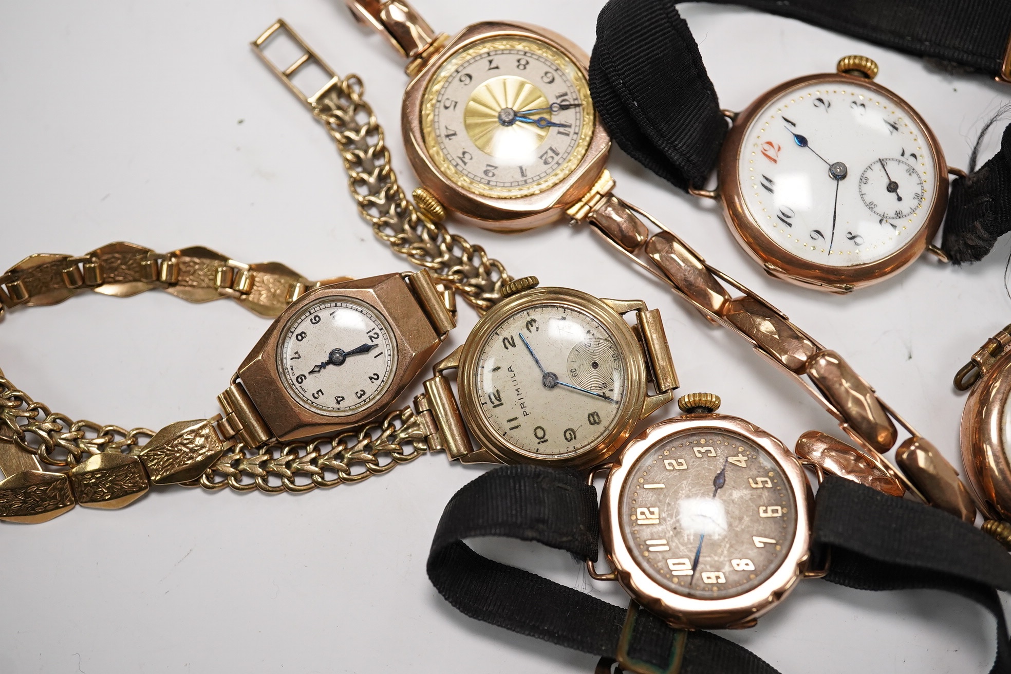 Six lady's assorted 9ct gold manual wind wrist watches, including three with 9ct bracelets, gross weight 88.9 grams. Condition - poor to fair